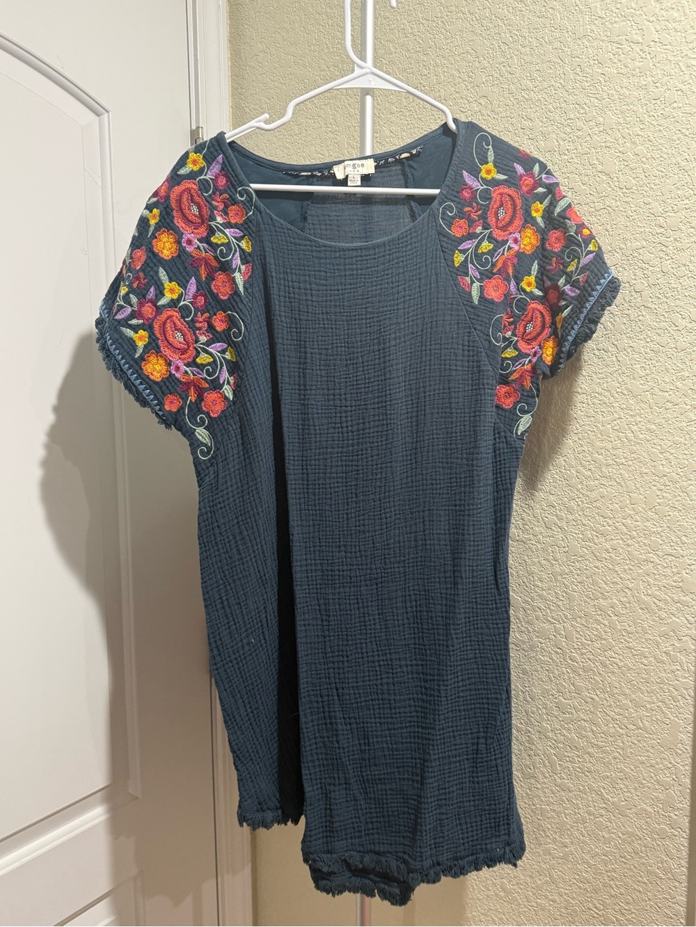 Umgee Teal Gauze Tunic with Multicolor Floral Embroidery